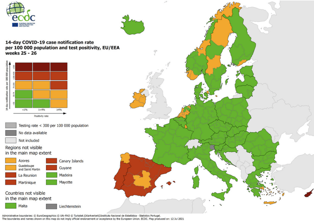 Mapa de Europa sobre la incidencia del coronavirus